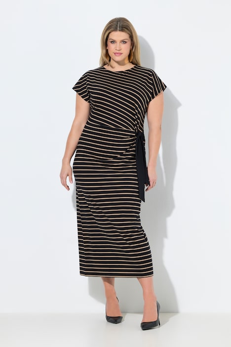 Robe longue, rayures, coupe slim, col rond, manches courtes