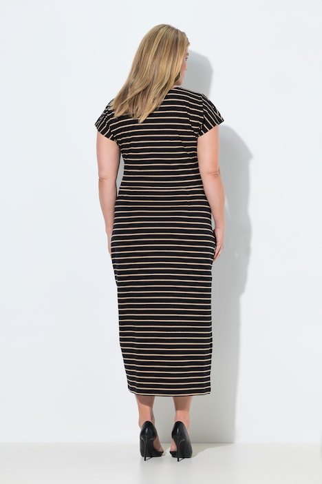Robe longue, rayures, coupe slim, col rond, manches courtes