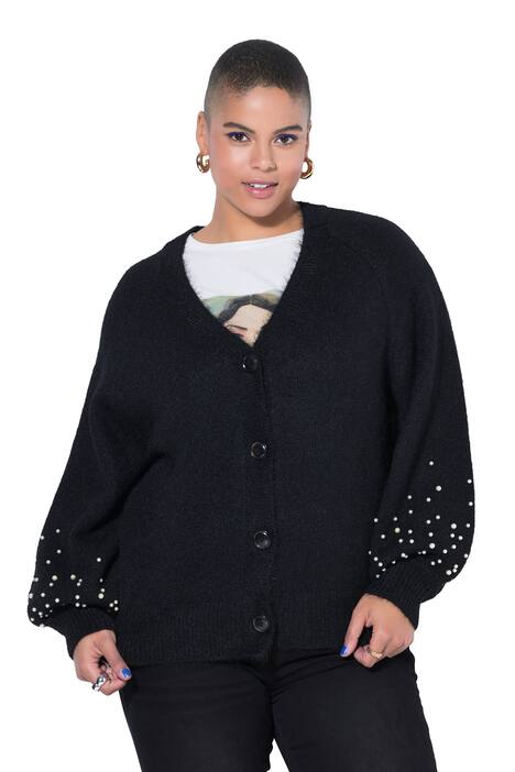 Rozepínací svetr, oversize, balónové rukávy s ozdobnými perlami