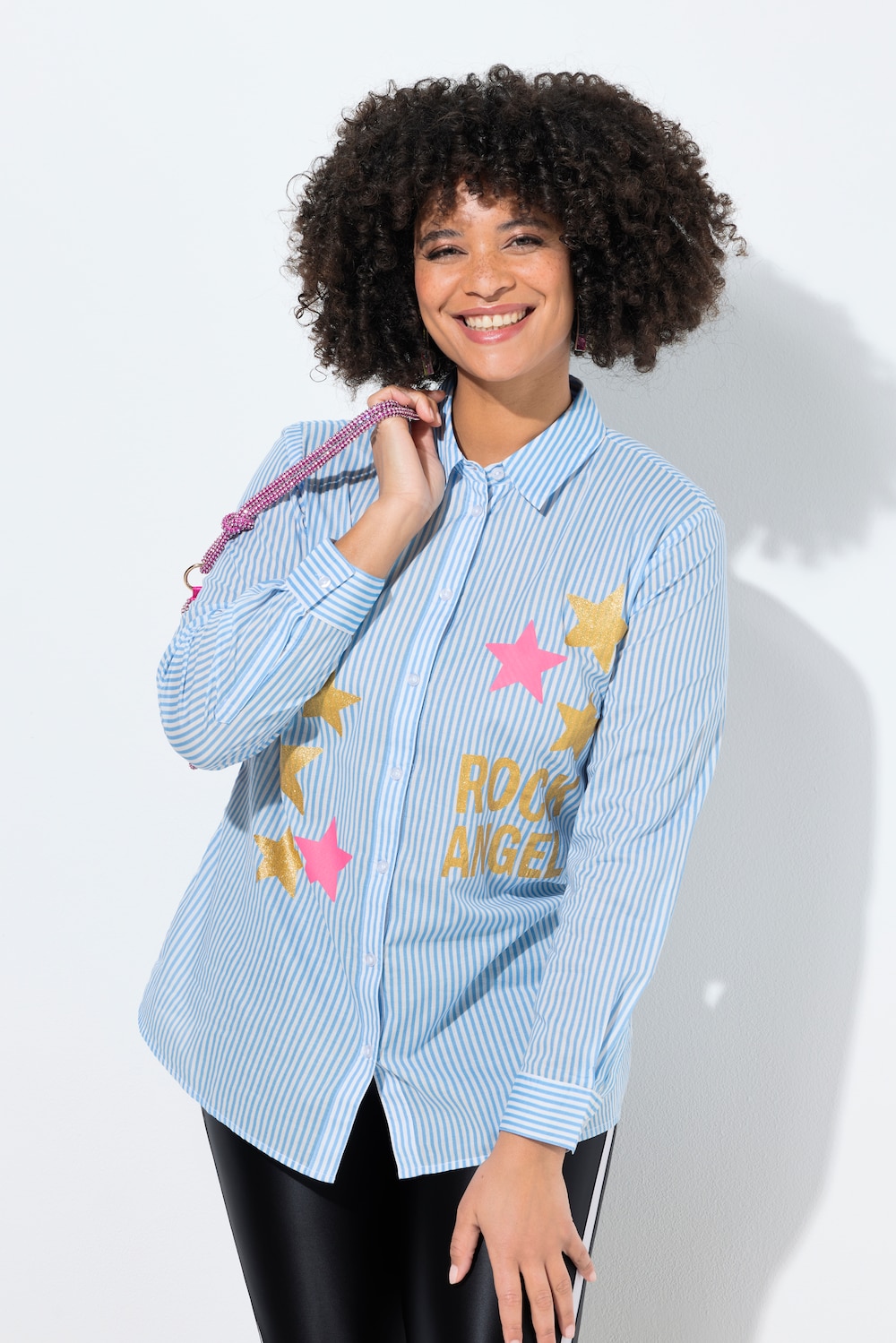 Hemdbluse, oversized, Streifen und Glitzersterne