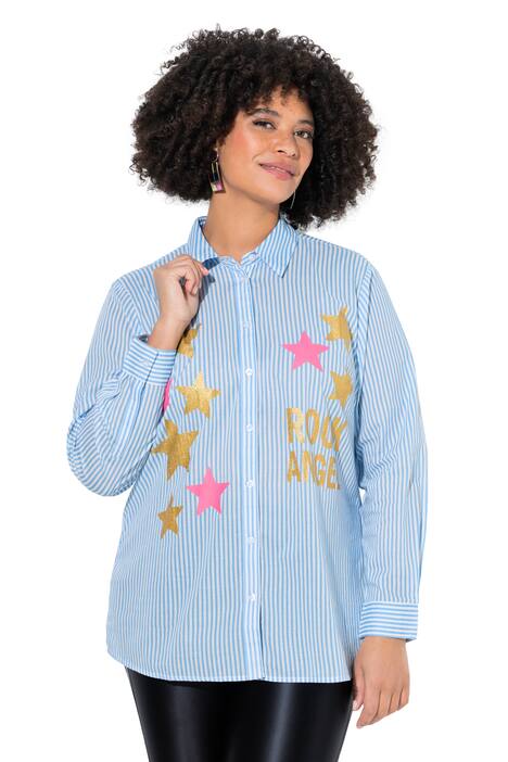 Košilová halenka, oversize, pruhy a třpytivé hvězdy