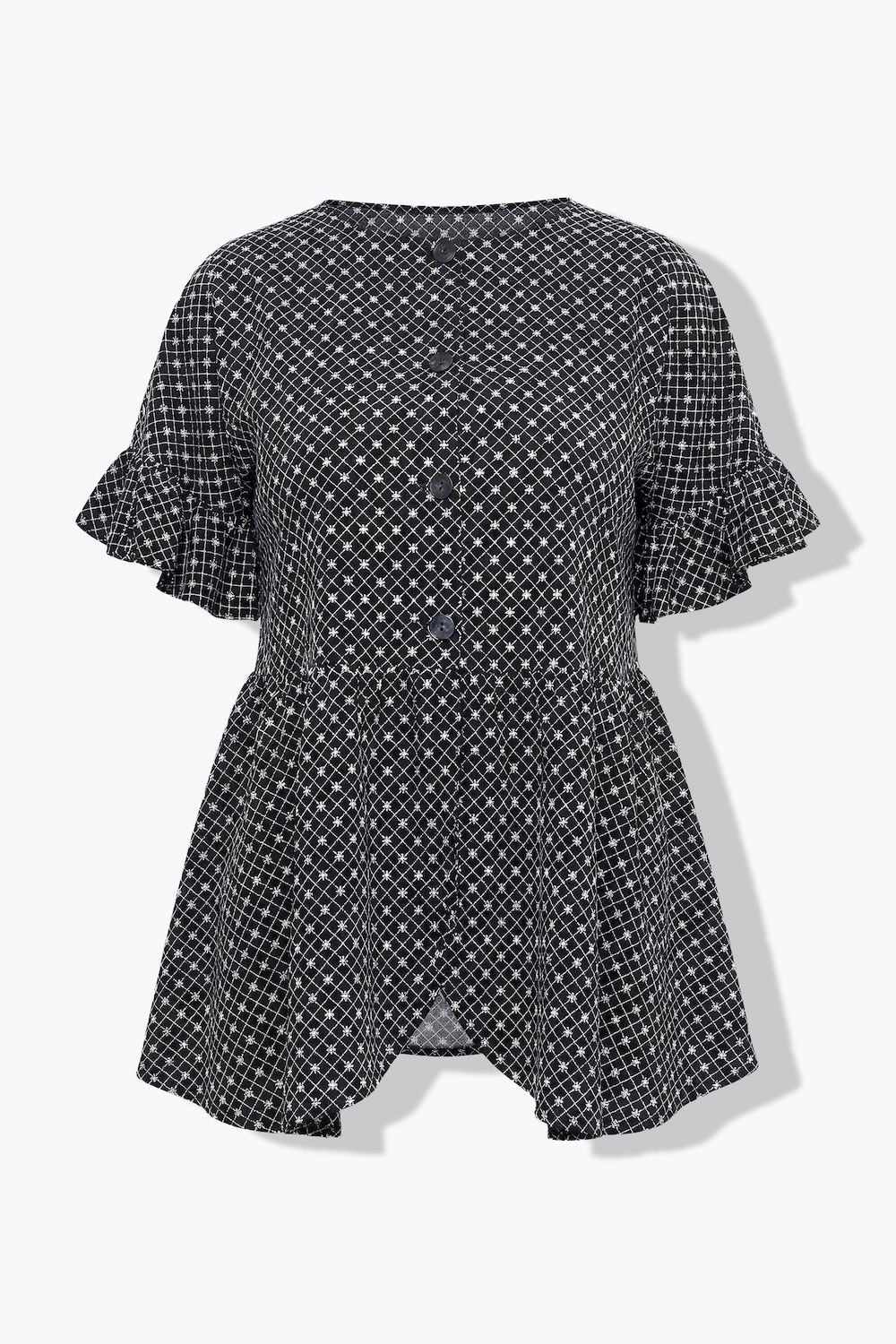 Stora storlekar Lång blus i A-linjemodell med blommigt broderi, Dam, svart, storlek: 50/52, Bomull, Ulla Popken