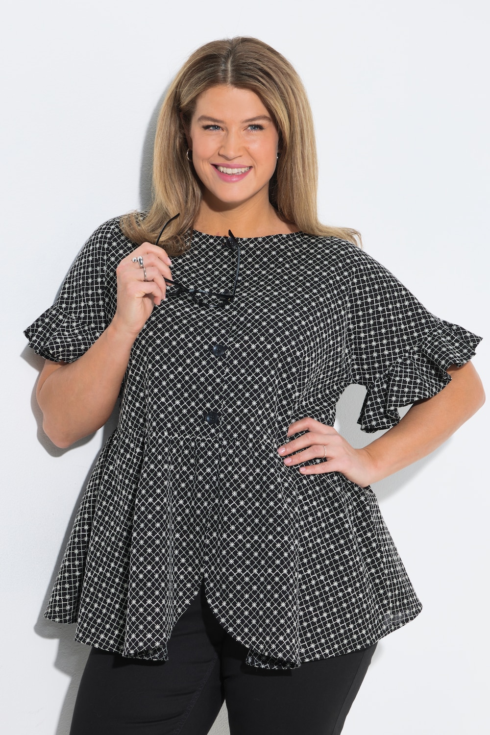 Blusenjacke, A-Linie, florale Stickerei, Volants, Biobaumwolle