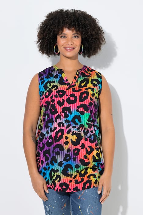 Bluse, ärmellos, farbiges Leomuster, Tunika-Ausschnitt