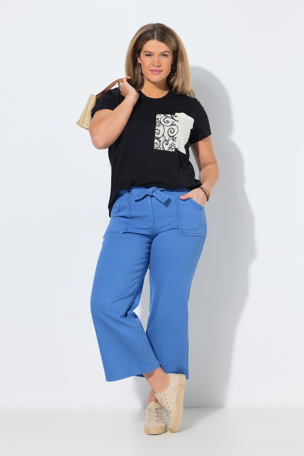 Jeans culotte, wijde pijpen, elastische tailleband, biologisch katoen