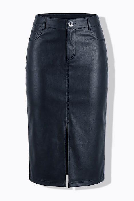 Faux leather skirt, A-line, midi length, slit at front for walking