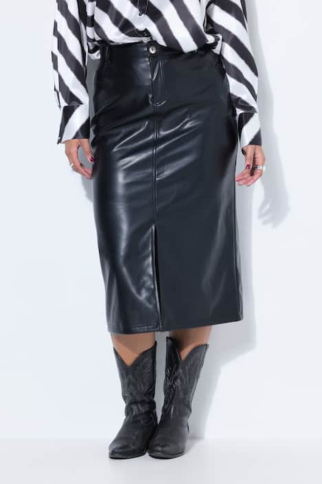 Faux leather skirt, A-line, midi length, slit at front for walking