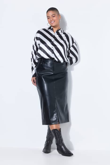 Faux leather skirt, A-line, midi length, slit at front for walking