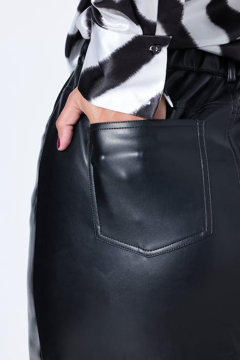 Faux leather skirt, A-line, midi length, slit at front for walking