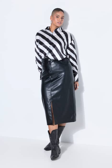Faux leather skirt, A-line, midi length, slit at front for walking