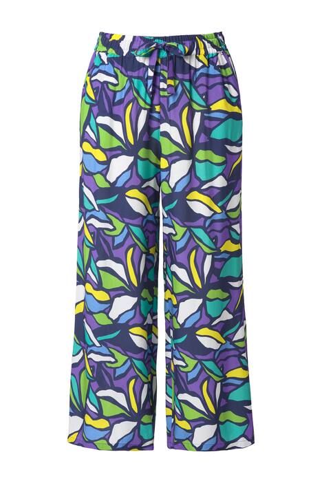 Kalhoty, motiv listů, volné rovné nohavice, elastický pas