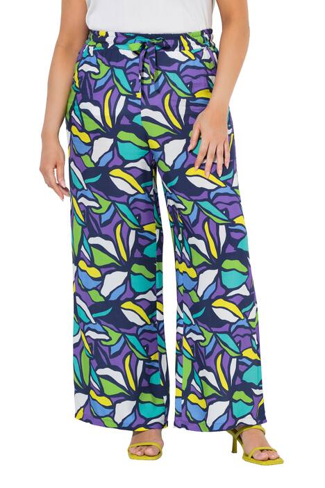 Kalhoty, motiv listů, volné rovné nohavice, elastický pas