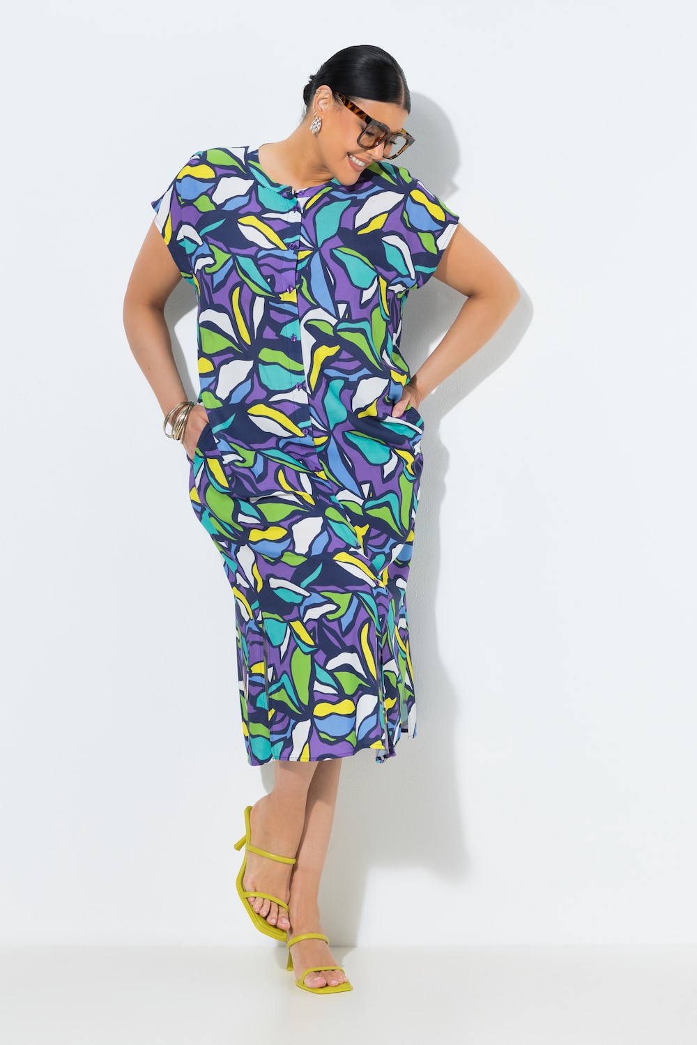 Midi-jurk, bladeren, oversized, opstaande kraag, korte mouwen