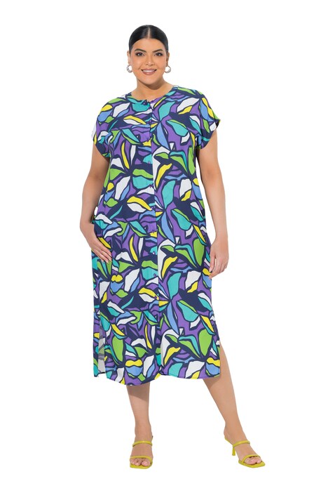 Midi šaty, listový vzor, oversized, rolák, polo rukávy