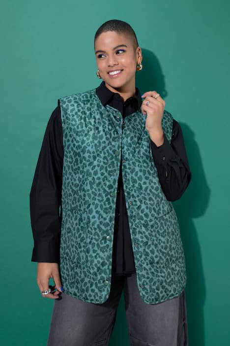 Doorgestikt mouwloos vest, oversized model, licht doorgestikt, luipaard