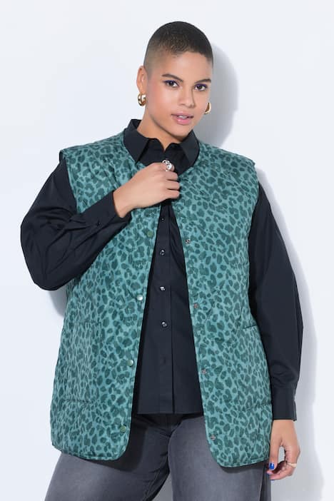 Doorgestikt mouwloos vest, oversized model, licht doorgestikt, luipaard