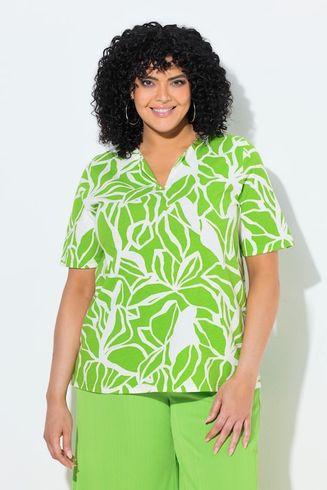 T-shirt, liście, dekolt w szpic, rękaw 1/2