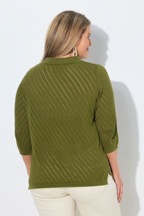 Genser, stripestruktur, rund hals, polokrage, 3/4 ermer