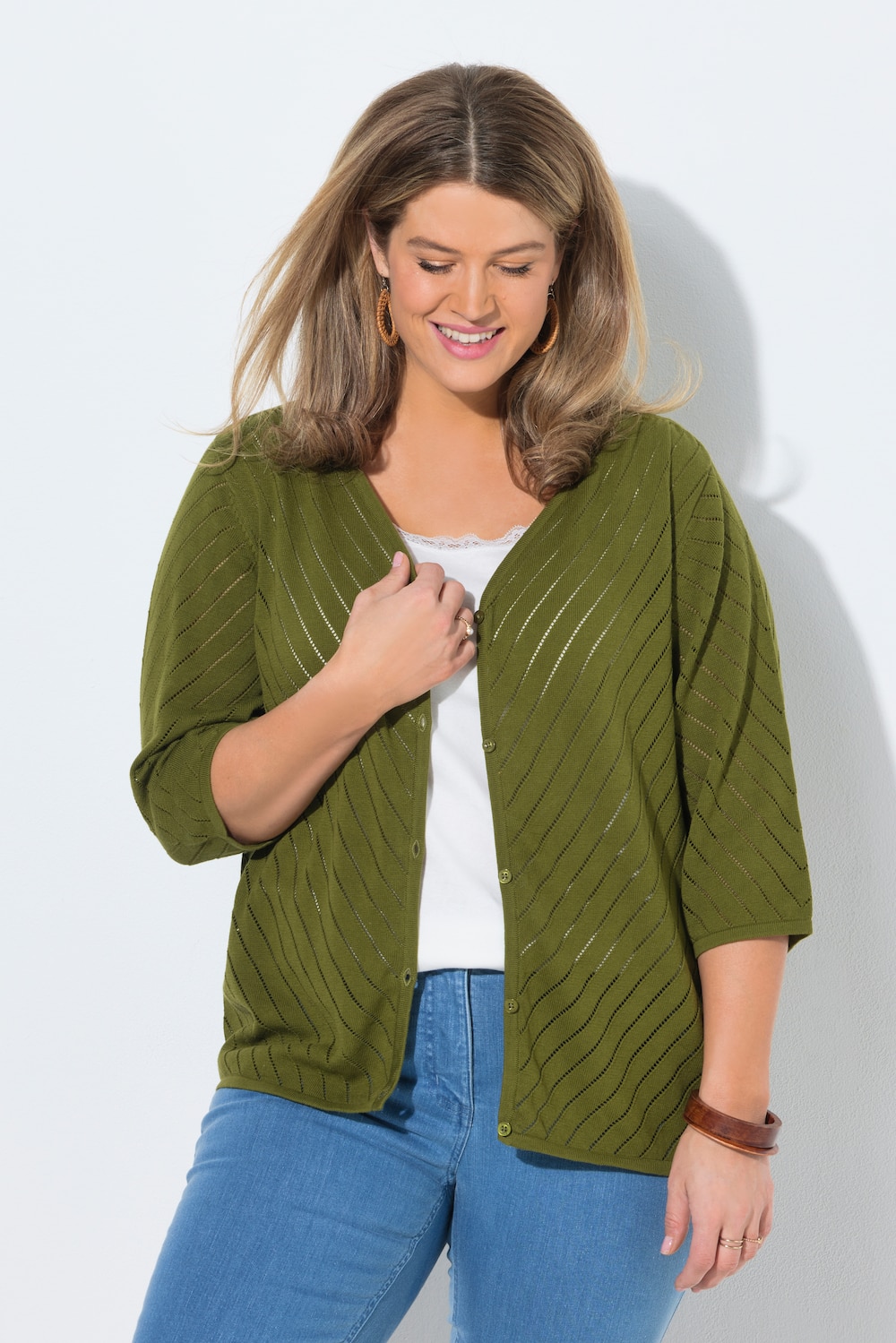 Strickjacke, Streifenstruktur, V-Ausschnitt, 3/4-Arm