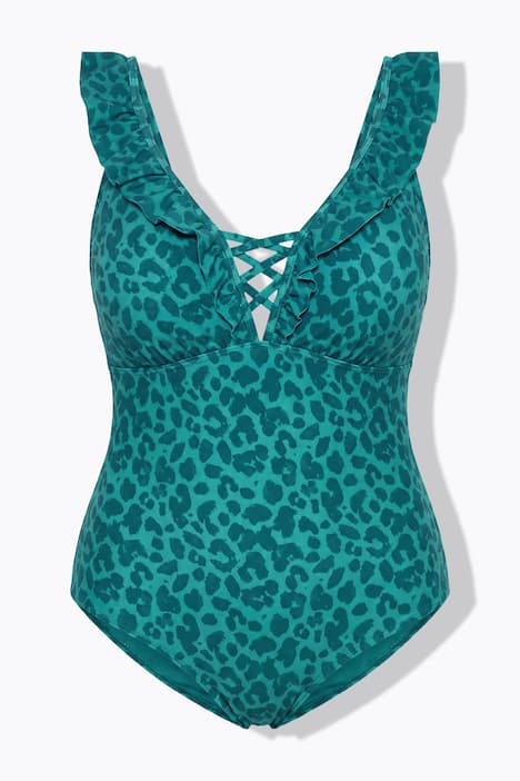 Badedragt, leopard, flæse-udskæring, Softcups