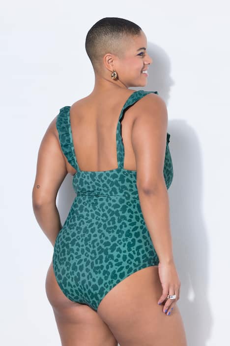 Badedragt, leopard, flæse-udskæring, Softcups