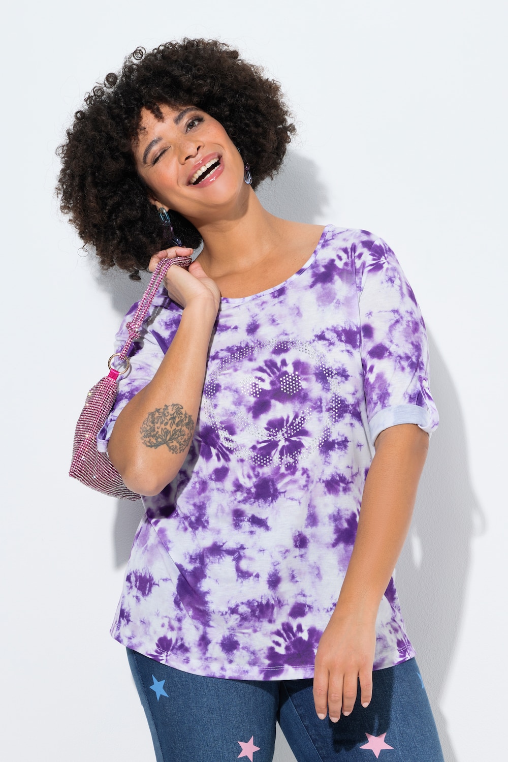 T-shirt, comfort fit, batikmønster, glitter-smiley