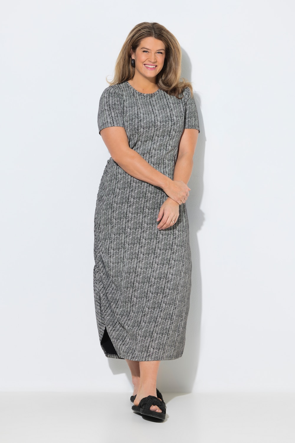 Maxikleid, Fischgrat, Rundhals, Halbarm, Biobaumwolle