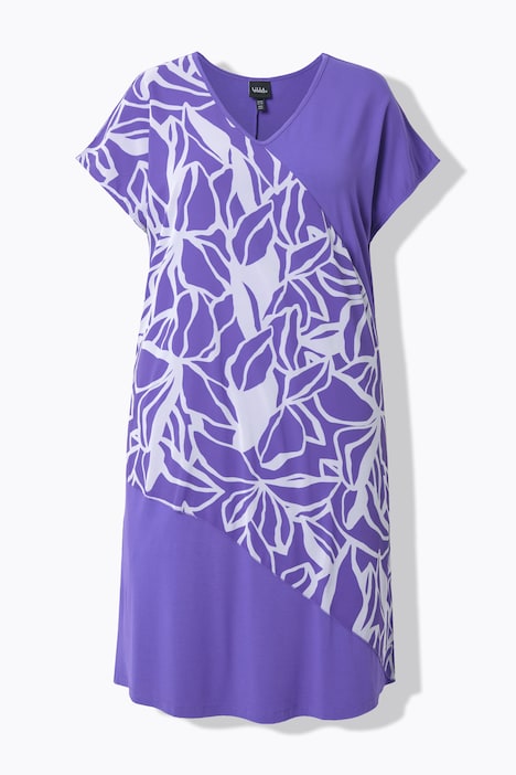 Jersey jurk, chiffon overgooier, V-hals, korte mouwen