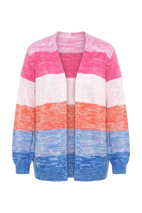 Rozepínací svetr, rovný střih, blokové pruhy, balónové rukávy