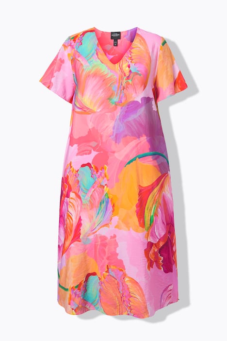 Midiklänning i satin, blommor, A-linjemodell, V-ringning, halvlång ärm