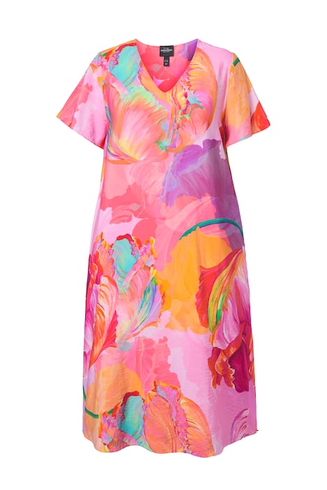 Saténové midi šaty, květinový vzor, áčkový střih, V výstřih, polodlouhý rukáv