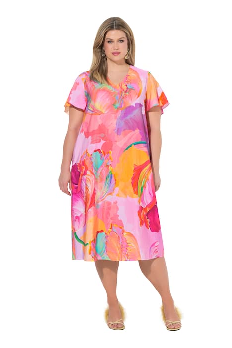 Saténové midi šaty, květinový vzor, áčkový střih, V výstřih, polodlouhý rukáv