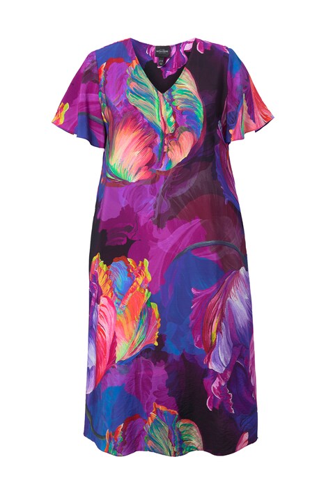 Saténové midi šaty, květinový vzor, áčkový střih, V výstřih, polodlouhý rukáv