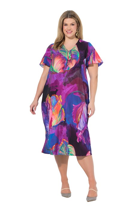 Saténové midi šaty, květinový vzor, áčkový střih, V výstřih, polodlouhý rukáv