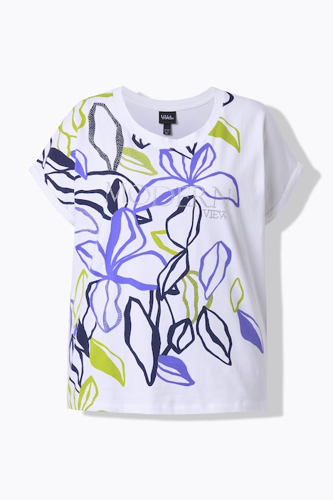 T-shirt, bladeren, oversized, ronde hals, korte mouwen