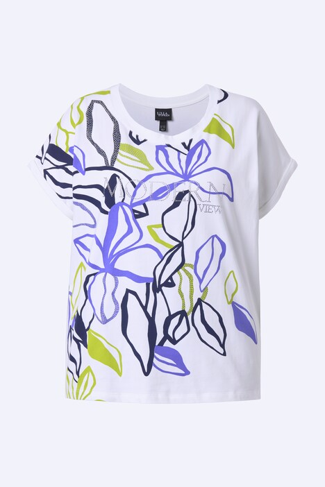 Tričko, motiv s listy, volný střih, kulatý výstřih, polodlouhý rukáv