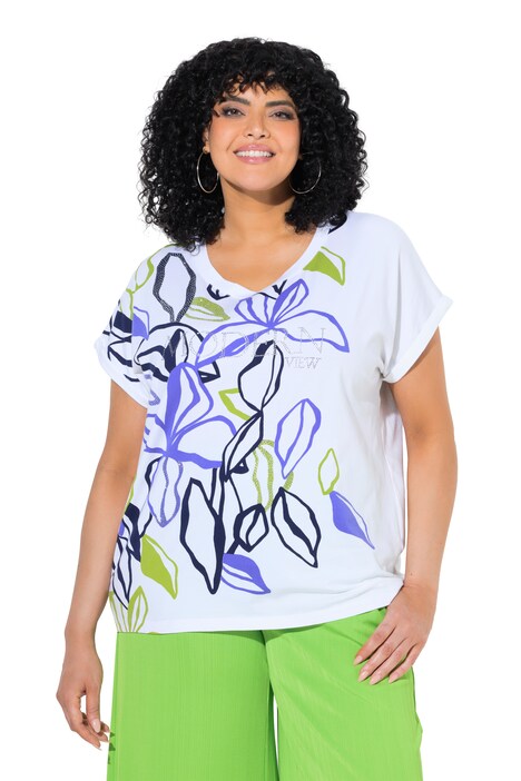 Tričko, motiv s listy, volný střih, kulatý výstřih, polodlouhý rukáv