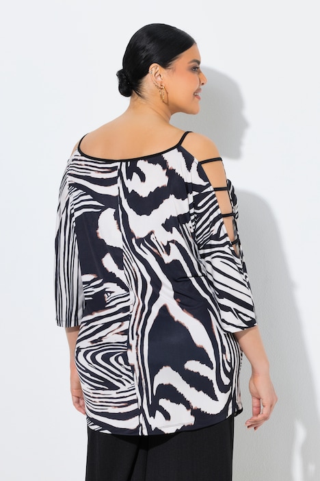 Cold Shoulder Zebra Print 3/4 Sleeve Tee