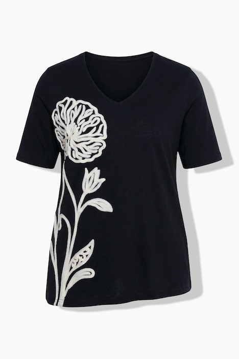 Dlouhé tričko, výšivka, kulatý výstřih, polo rukávy, biobavlna