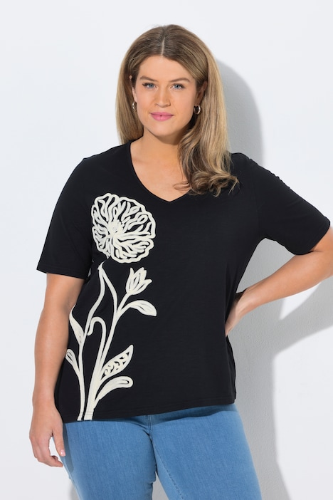 Dlouhé tričko, výšivka, kulatý výstřih, polo rukávy, biobavlna