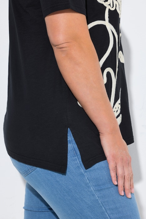 Dlouhé tričko, výšivka, kulatý výstřih, polo rukávy, biobavlna