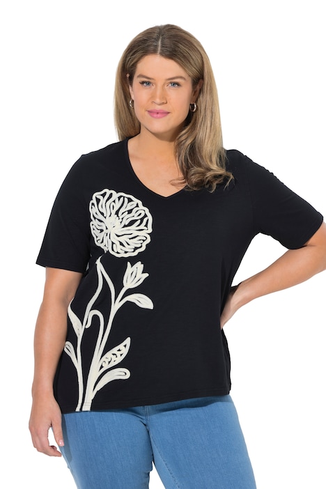 Dlouhé tričko, výšivka, kulatý výstřih, polo rukávy, biobavlna