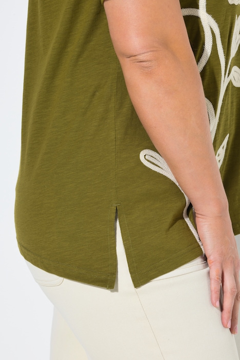 Dlouhé tričko, výšivka, kulatý výstřih, polo rukávy, biobavlna