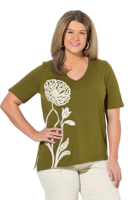 Dlouhé tričko, výšivka, kulatý výstřih, polo rukávy, biobavlna