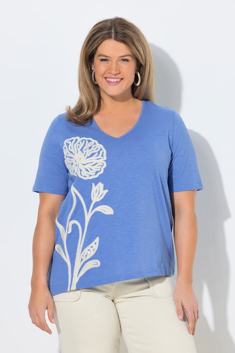 Dlouhé tričko, výšivka, kulatý výstřih, polo rukávy, biobavlna