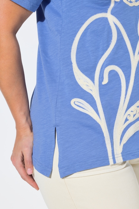 Dlouhé tričko, výšivka, kulatý výstřih, polo rukávy, biobavlna