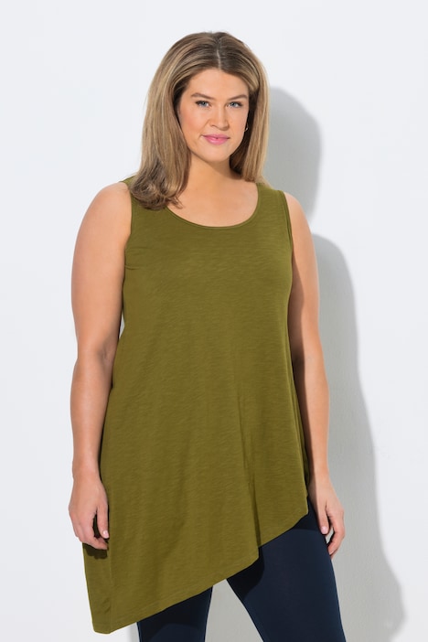 Top long, volant, coupe A, col rond, sans manches, coton bio