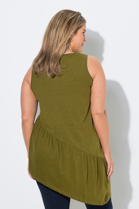 Top long, volant, coupe A, col rond, sans manches, coton bio