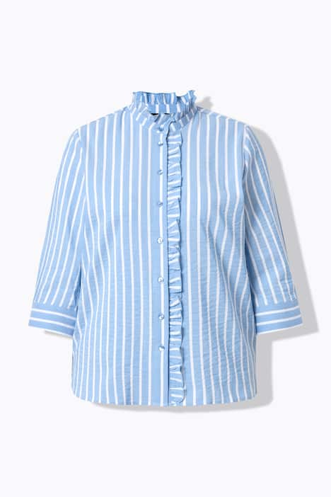 Seersucker-Bluse, A-Linie, Stehkragen, 3/4-Arm, Rüschen
