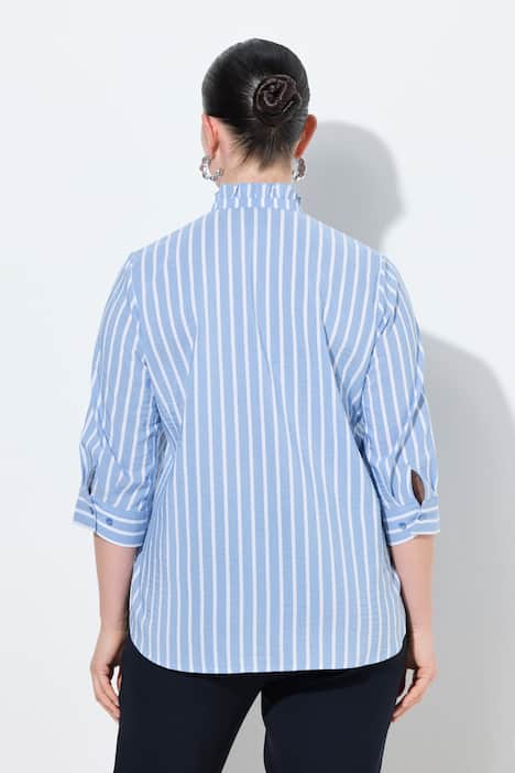 Seersucker-Bluse, A-Linie, Stehkragen, 3/4-Arm, Rüschen